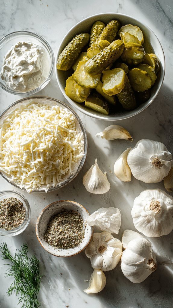 Dill pickle pizza ingredients on marble counter