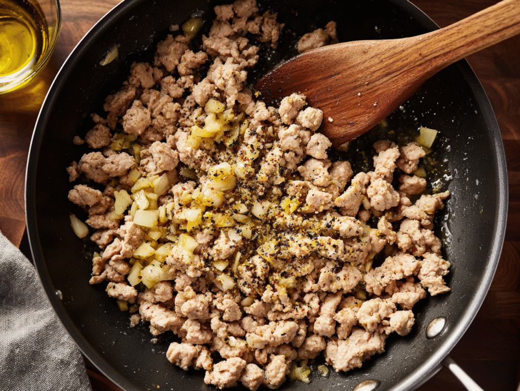 Ground turkey cooking in a skillet with garlic