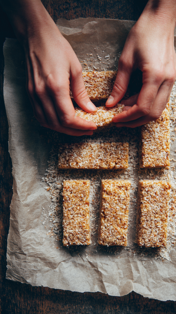 Shaping keto bounty bars before chocolate coating