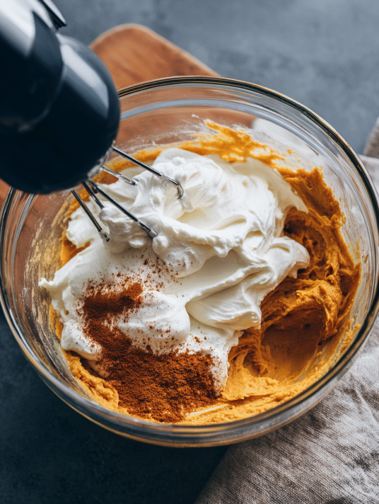 Mixing pumpkin cheesecake batter in bowl.