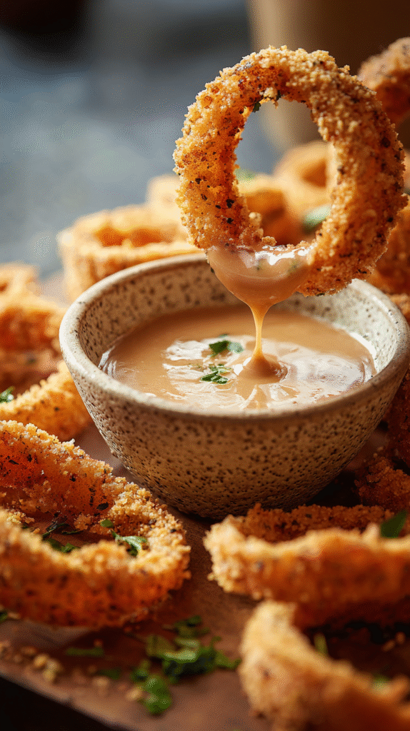 Onion rings coated with almond flour mixture