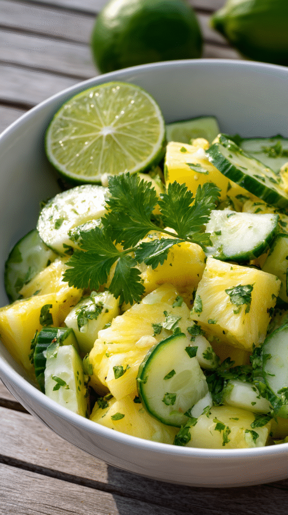 Pineapple cucumber salad served with lime