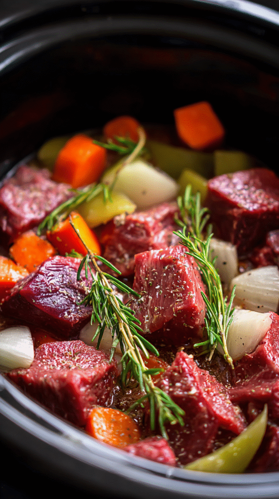 Raw keto stew ingredients in slow cooker