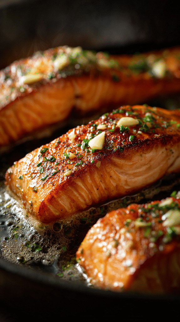 Salmon cooking in butter for keto dinner