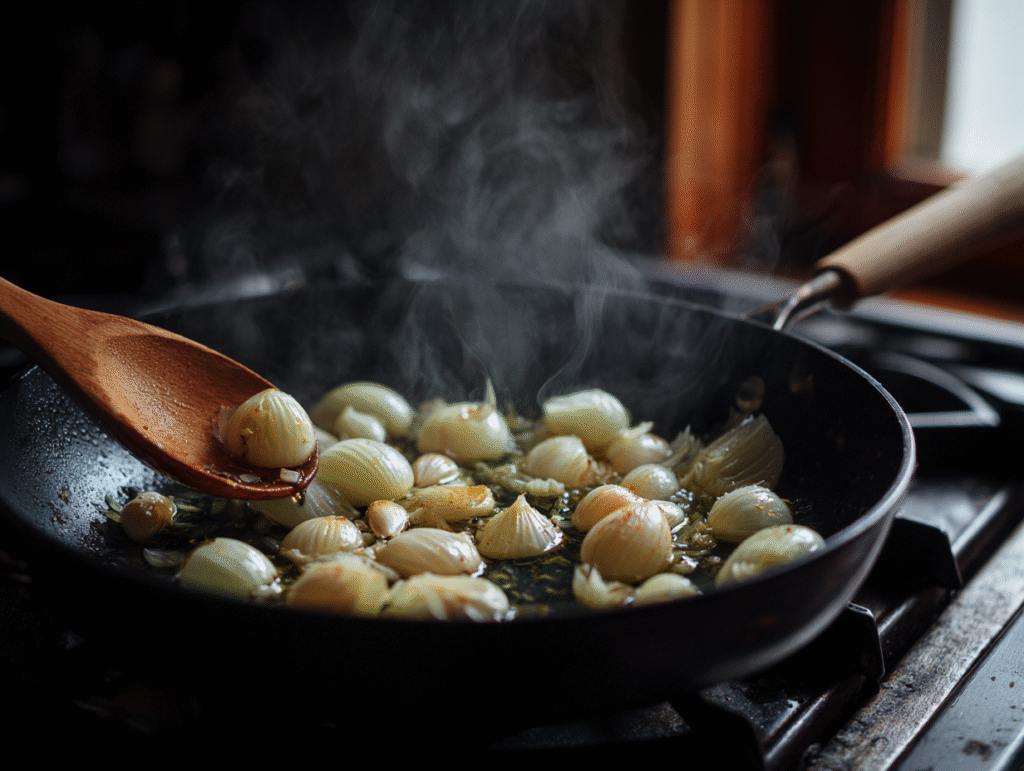 Sautéing onions and garlic in skillet