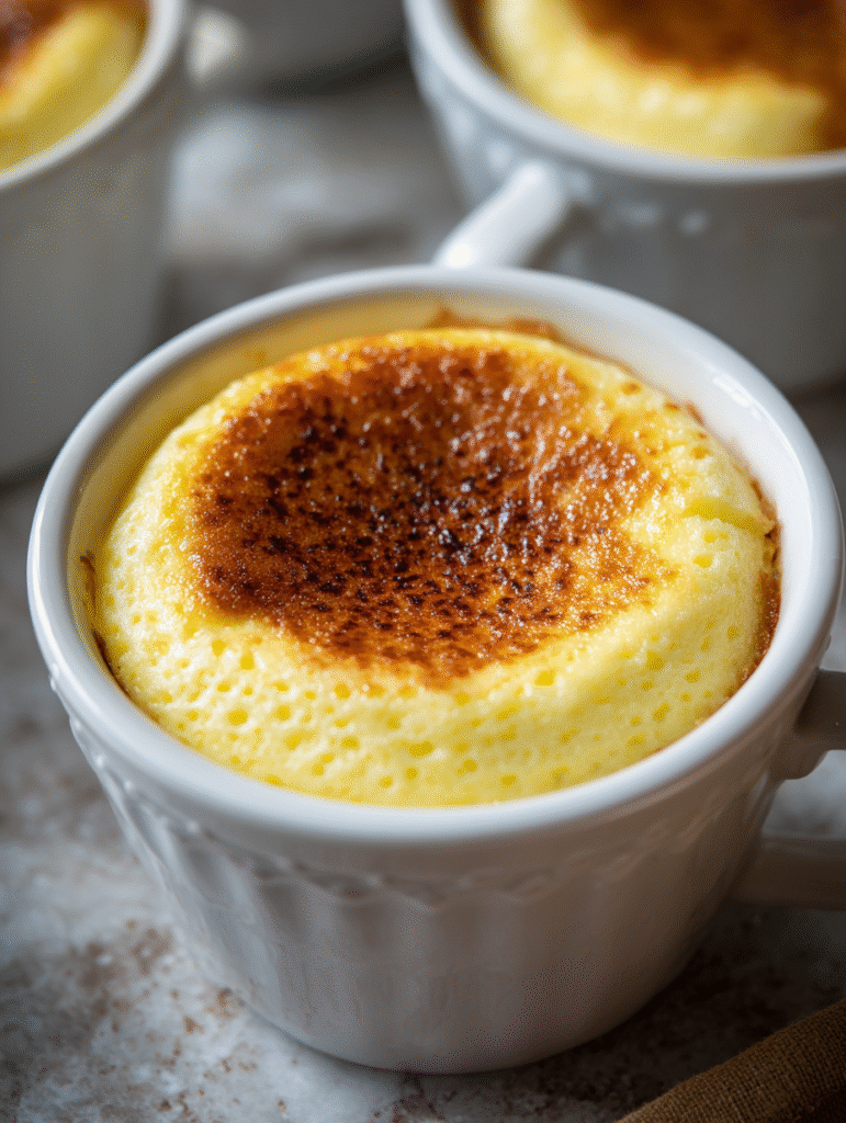Freshly microwaved keto cheesecake in a mug