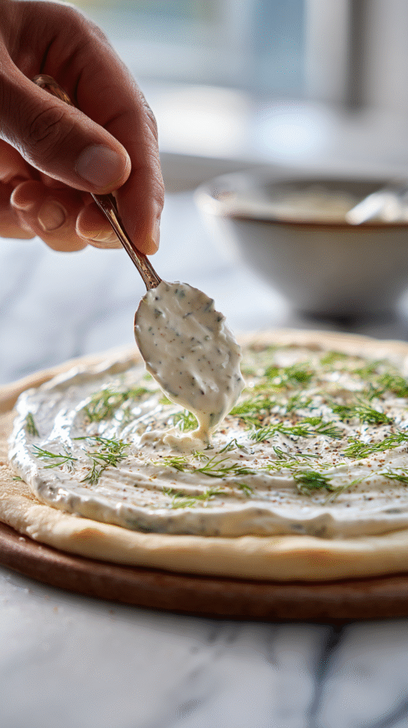 Slices of dill pickle pizza served with dipping sauce