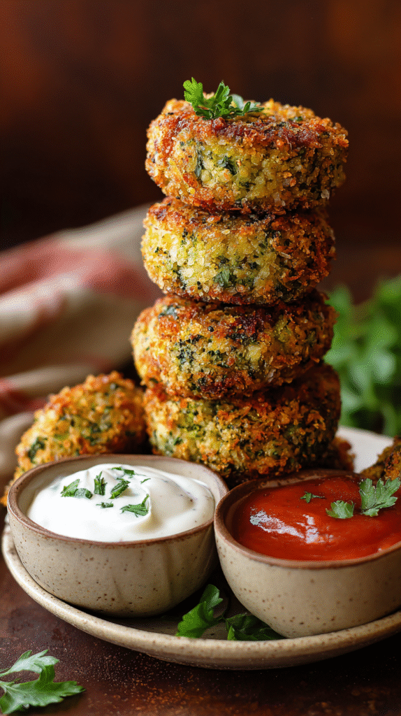 Crispy broccoli cheese rounds served with dips