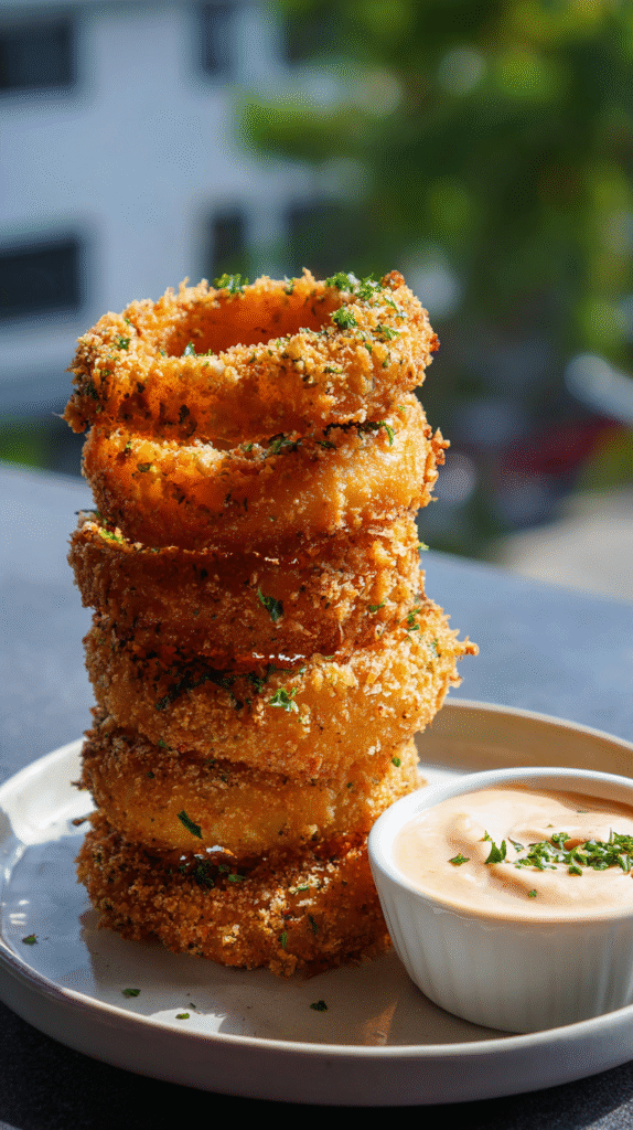 Crispy keto onion rings with dipping sauce