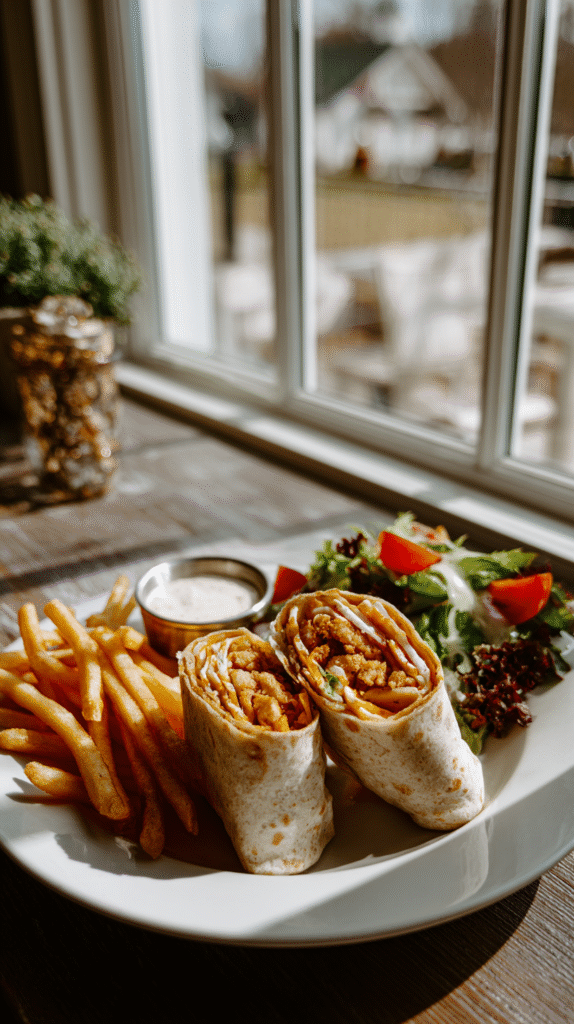 Crispy chicken ranch wraps served with fries