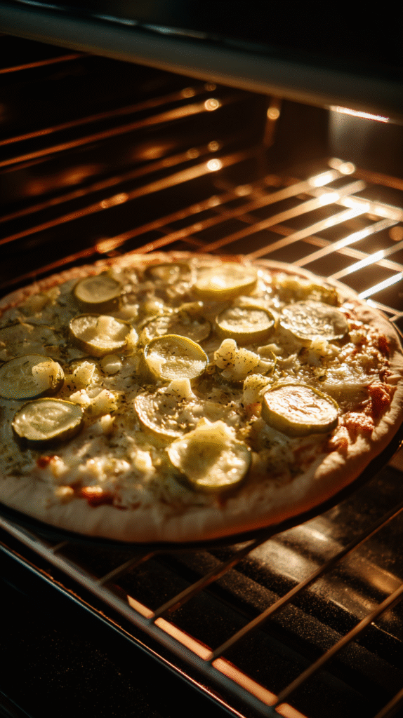 Slices of dill pickle pizza served with dipping sauce
