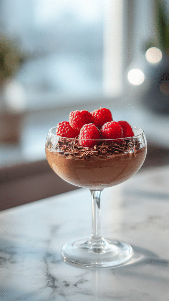 Keto chocolate mousse with raspberries and chocolate