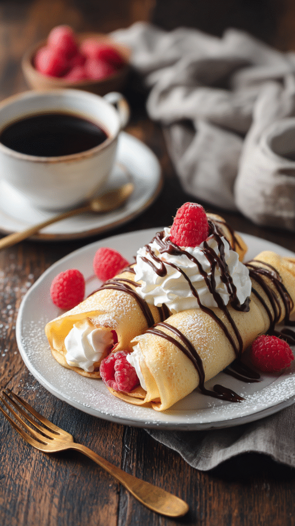 Keto Almond Flour Crepes served with whipped cream and raspberries