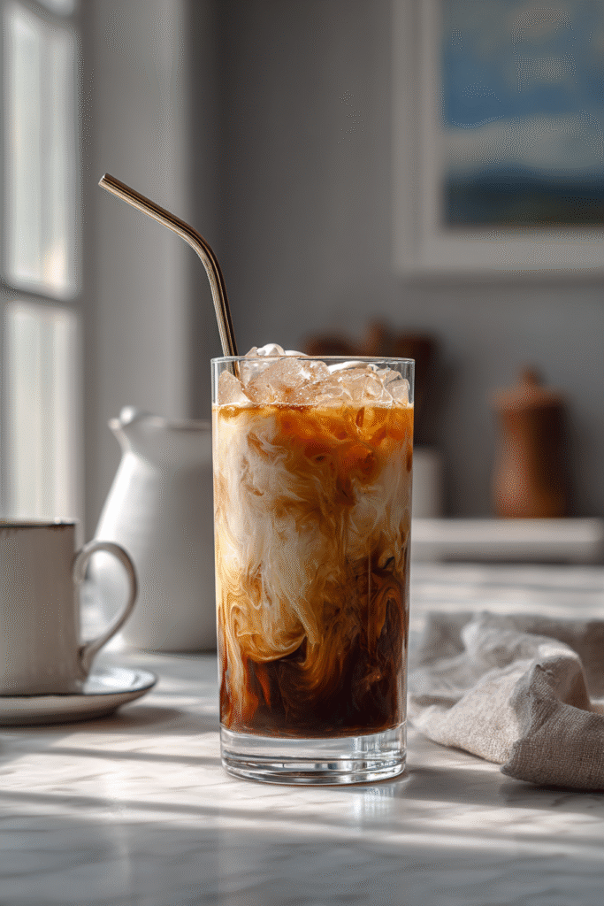 Served tahini iced coffee with cinnamon