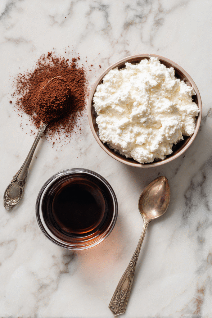 Cottage cheese, cocoa, and maple syrup ingredients
