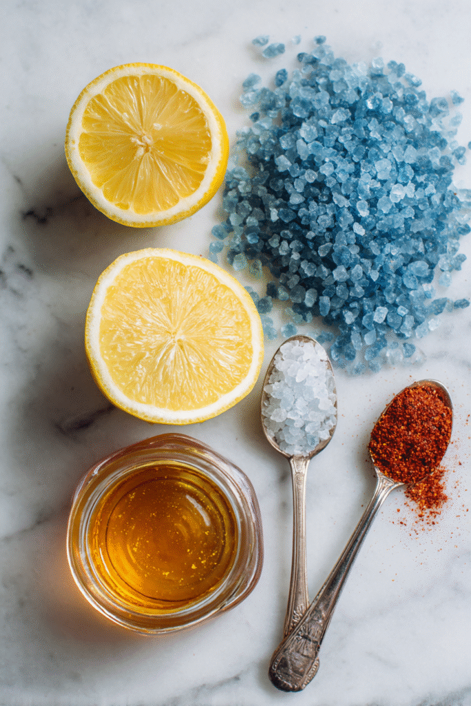 Blue Salt Trick Ingredients on white marble countertops