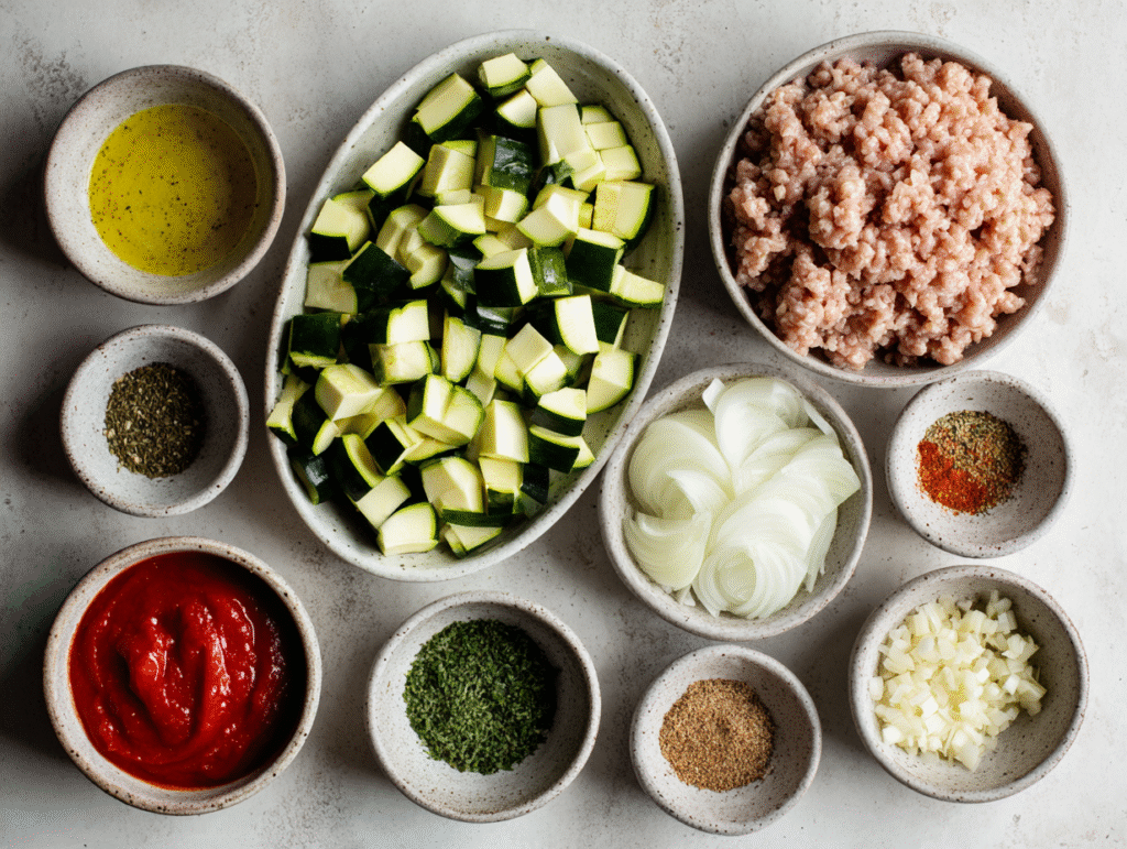 Ingredients for making ground turkey and zucchini skillet