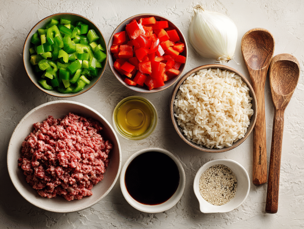 Ingredients for beef and pepper rice bowl on table