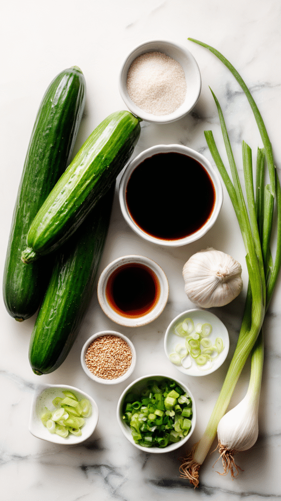 Viral cucumber salad ingredients on wooden table