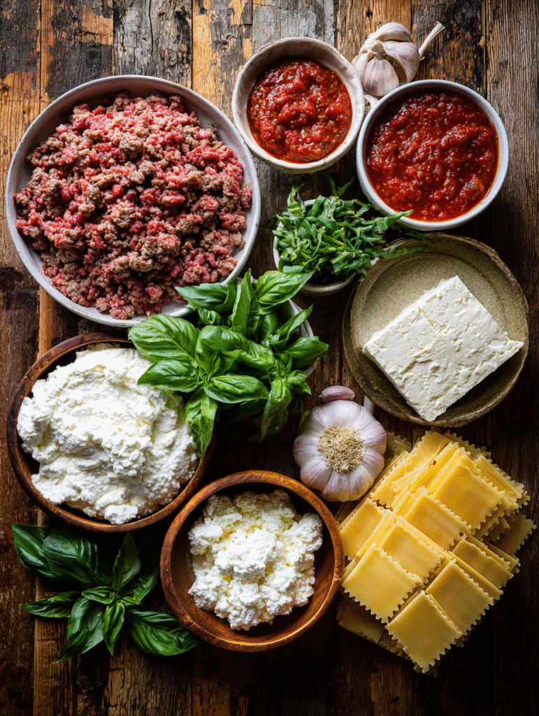 Fresh ingredients for homemade lasagna soup laid out on counter
