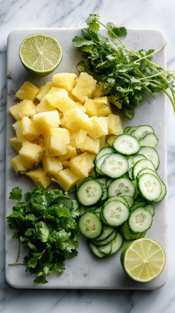 Pineapple cucumber salad ingredients on board