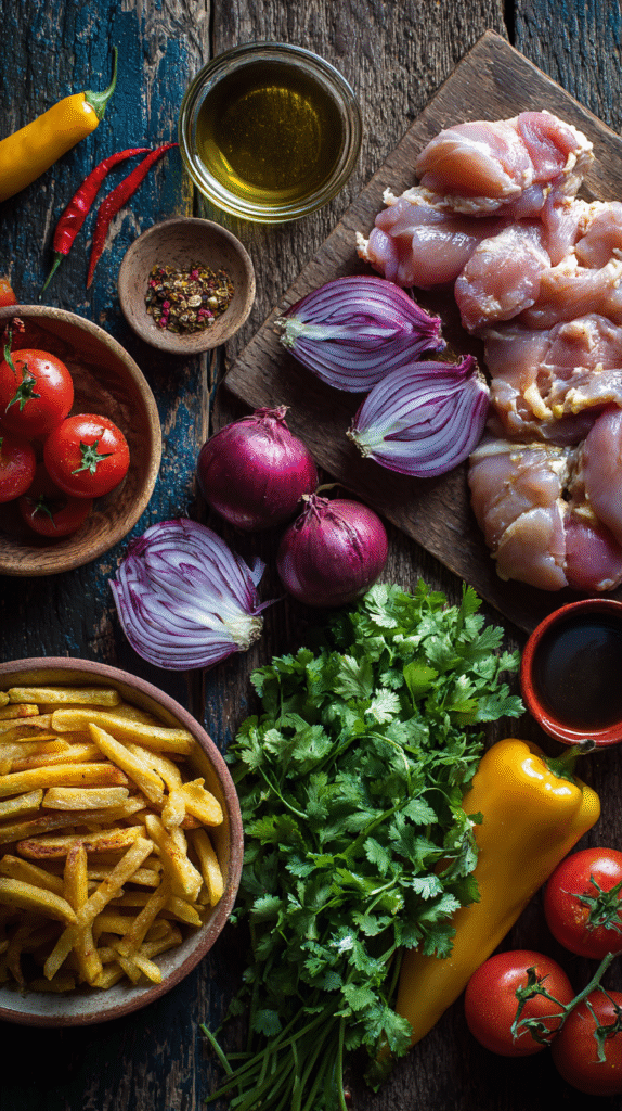 Pollo Saltado Ingredients Flat Lay