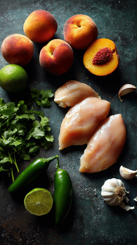 Jalapeno Peach Chicken ingredients flat lay