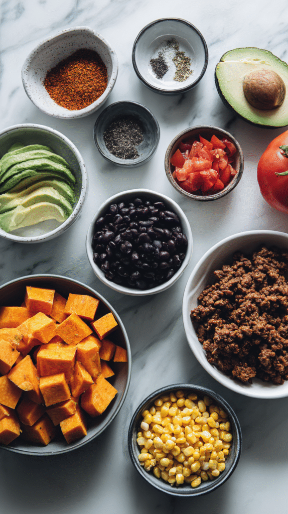 Taco bowl ingredients on wooden table