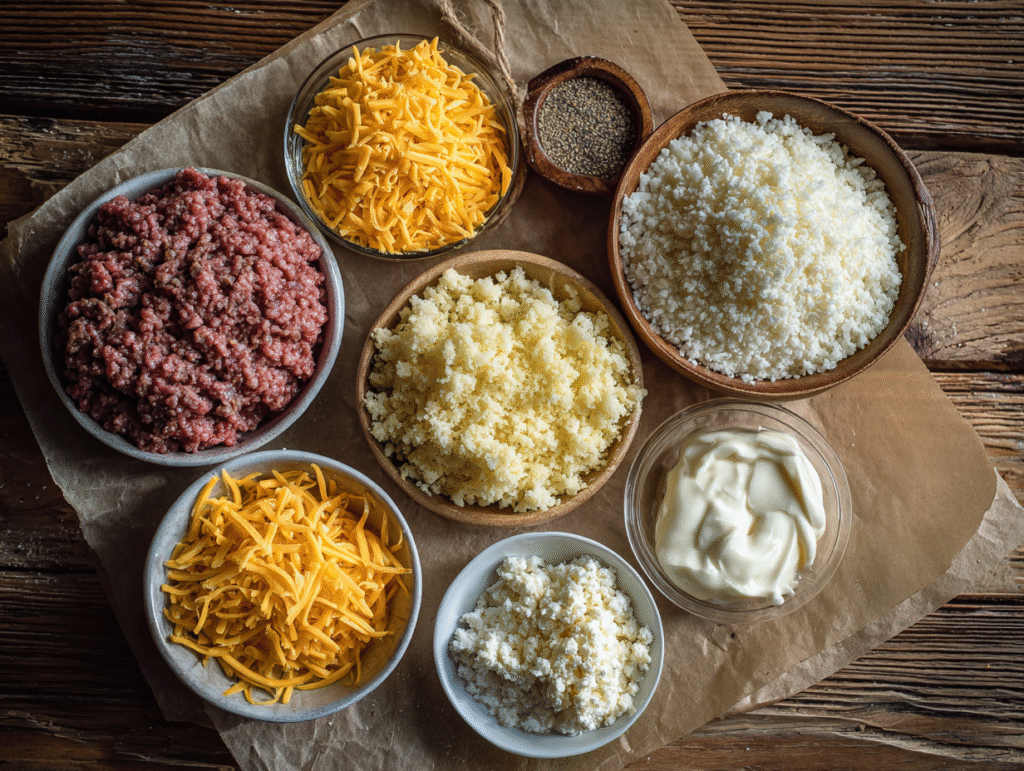 Ingredients for cheesy cauliflower rice and ground beef casserole