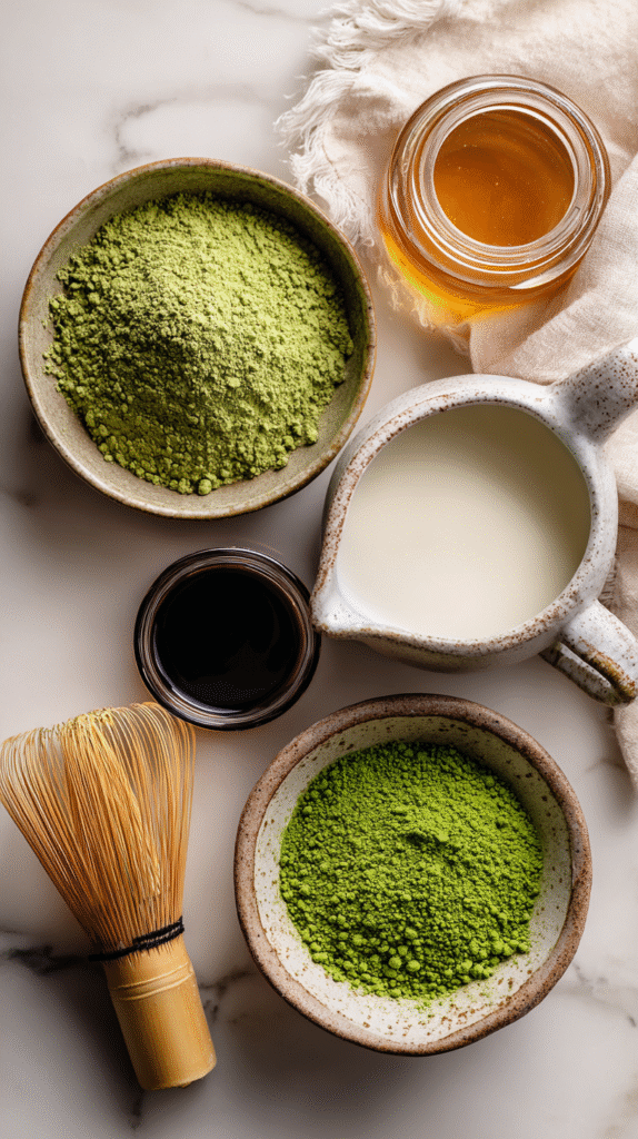 Matcha Latte Ingredients with Almond Milk and Honey