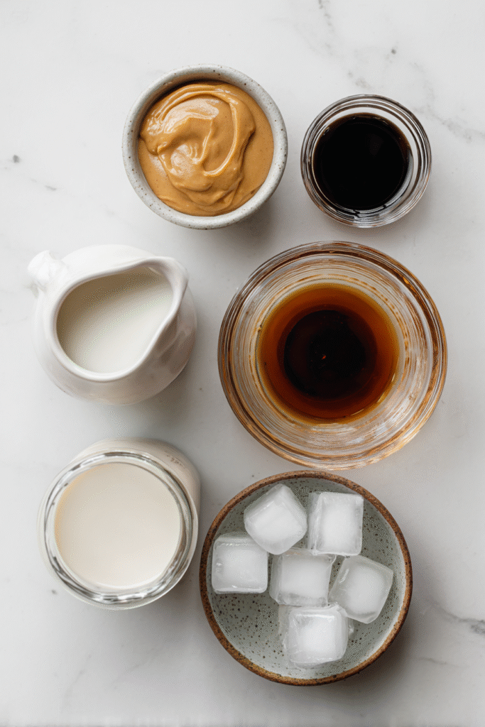 Tahini iced coffee ingredients flat lay