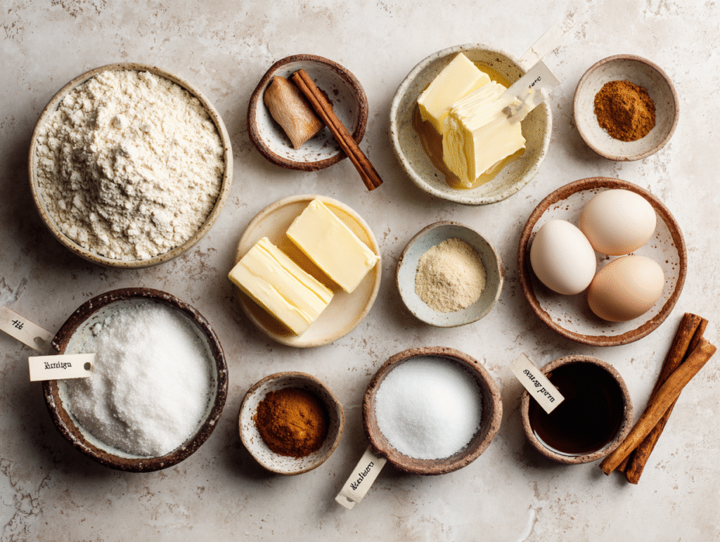 Ingredients for low carb cinnamon roll cake laid out flat
