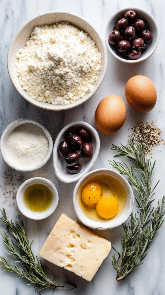 keto olive bread ingredients flat lay
