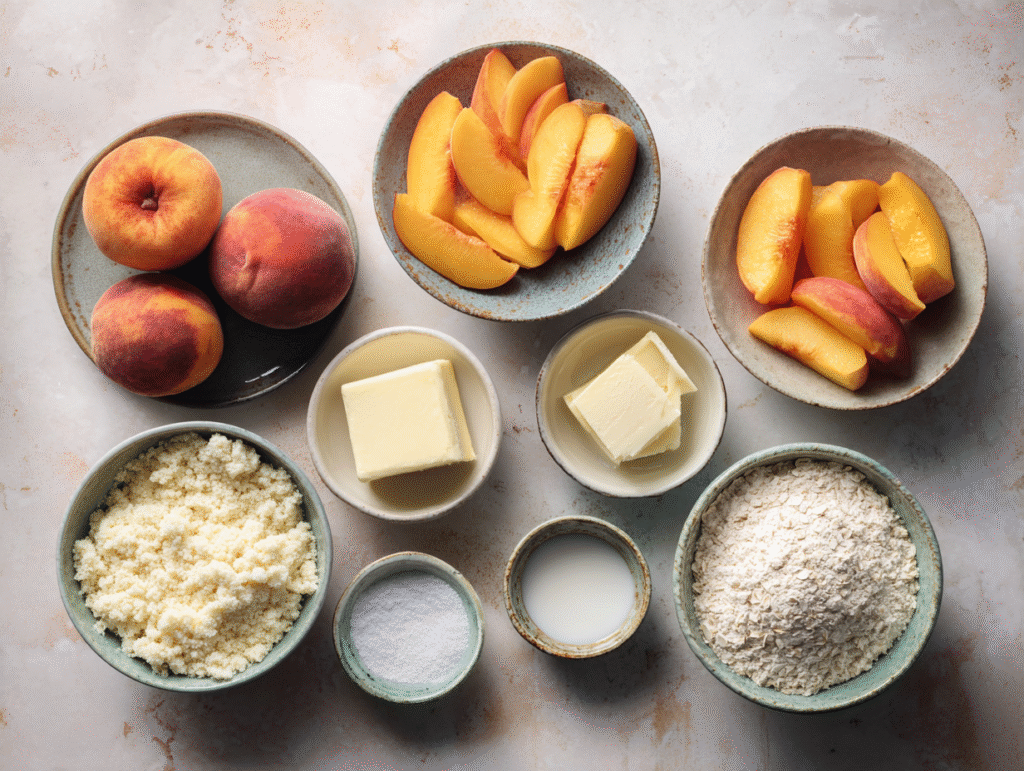keto peach cobbler ingredients laid out on marble counter