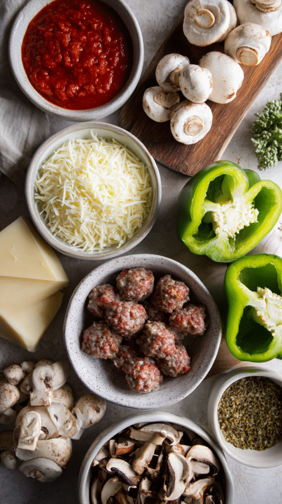 keto pizza casserole ingredients on counter