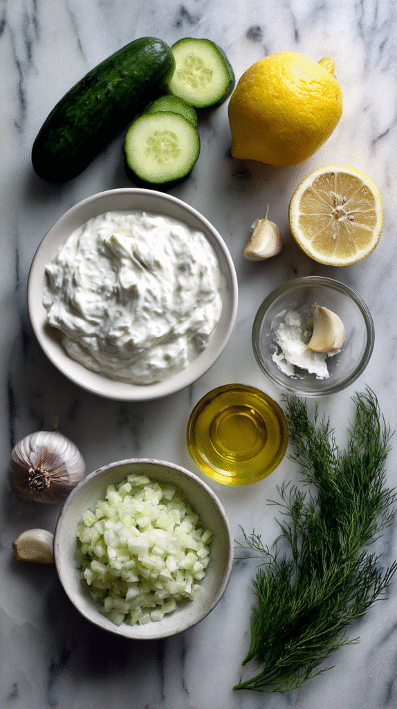 Keto tzatziki sauce ingredients on a counter