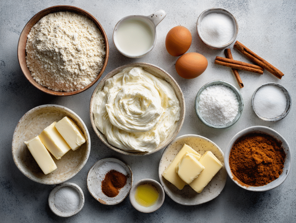 Ingredients for low carb cinnamon roll cake laid out in bowls