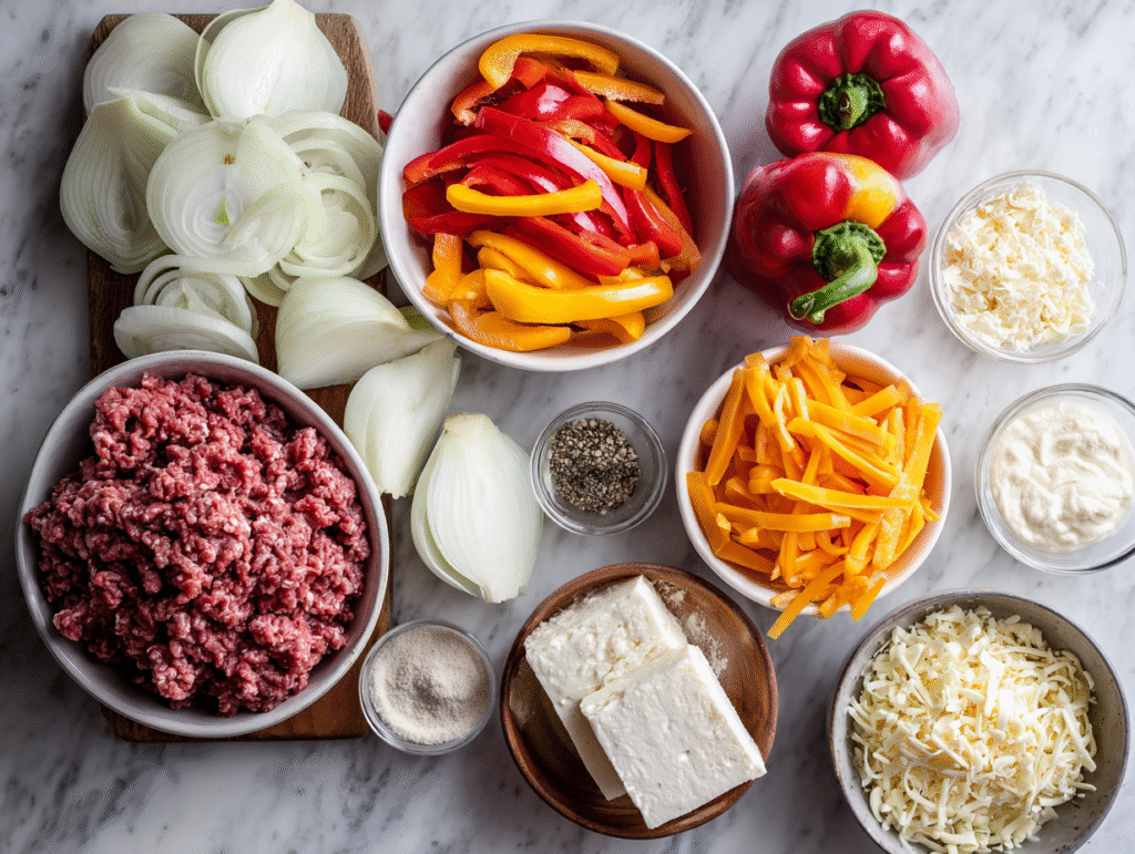 Ingredients for cheesy low carb Philly cheesesteak casserole