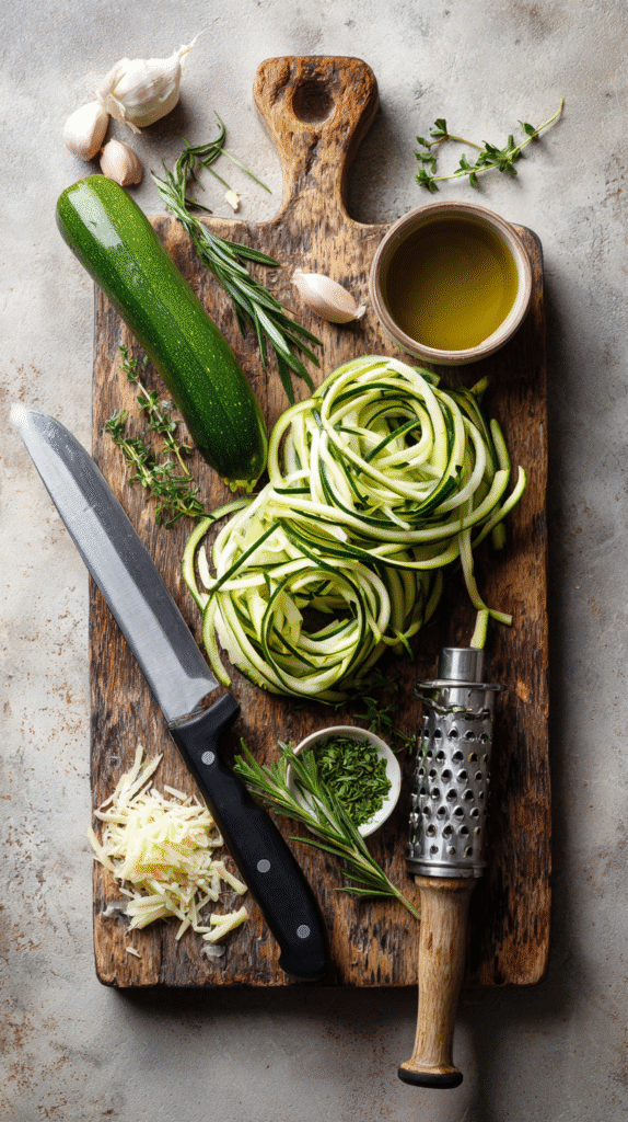Ingredients and tools to make zucchini noodles