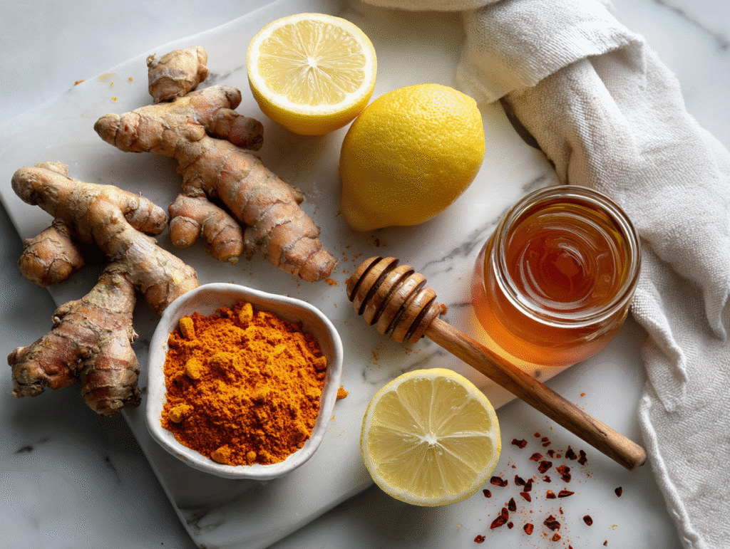 turmeric hack ingredients flat lay with ginger and lemon