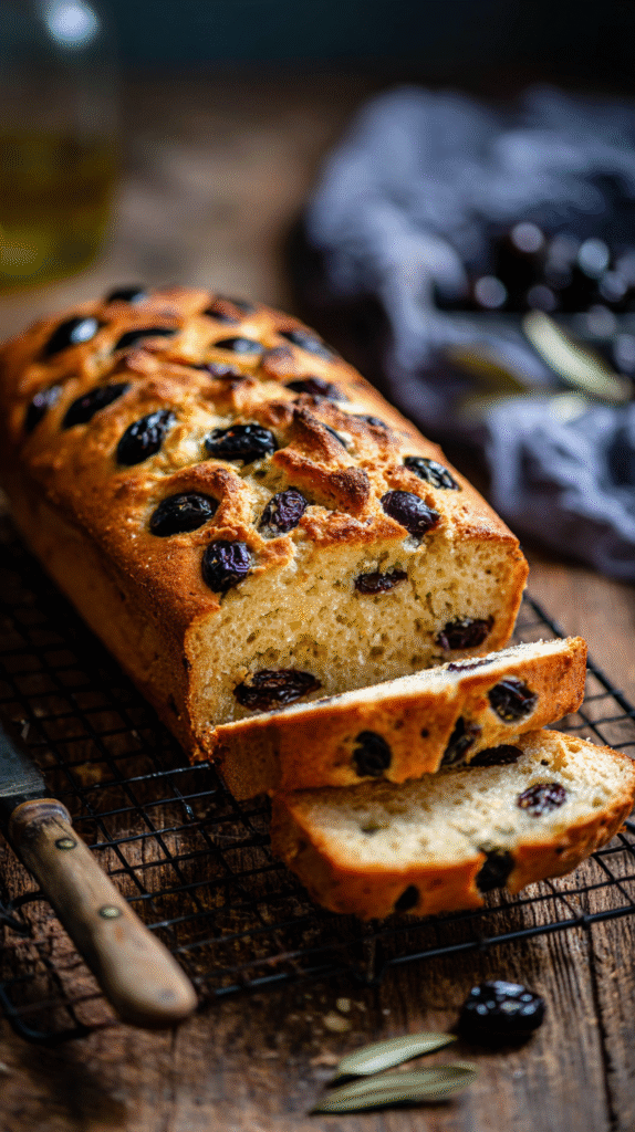 baked keto olive bread cooling on rack