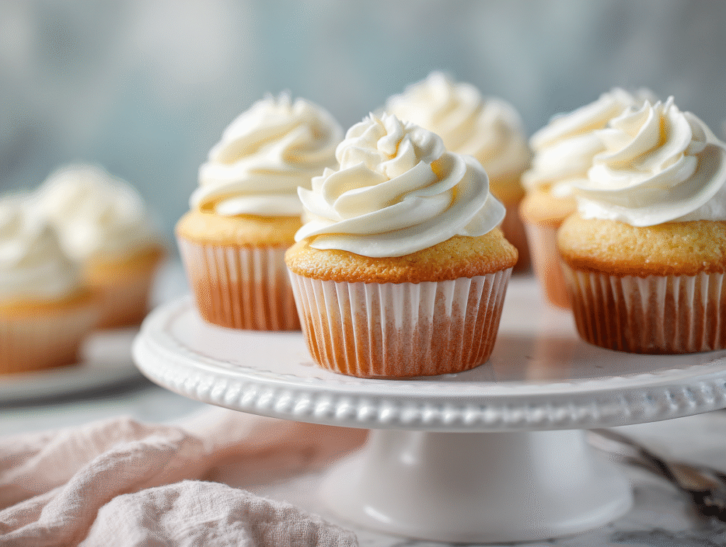 Frosted keto cupcakes on white cake stand