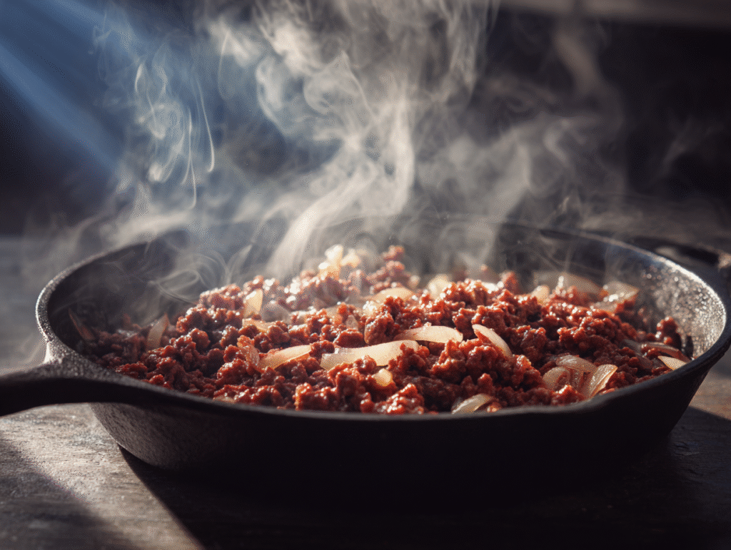 Ground beef and onion sautéing in a skillet