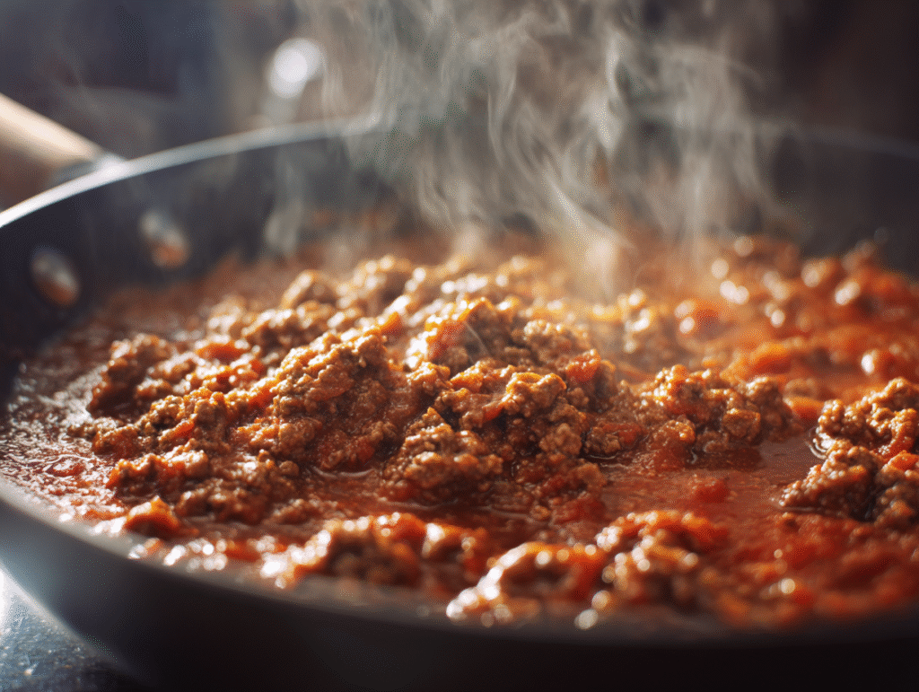 ground beef simmering with tomato sauce