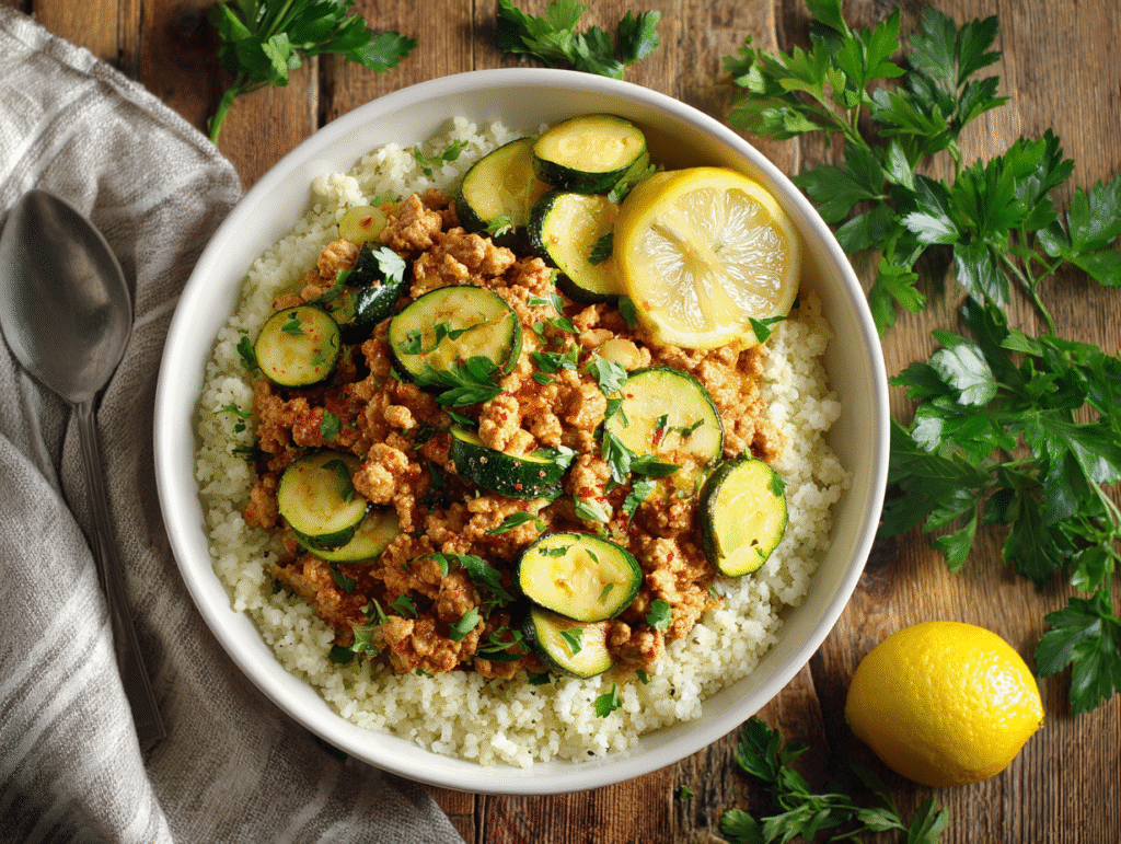 Ground turkey and zucchini skillet served with cauliflower rice