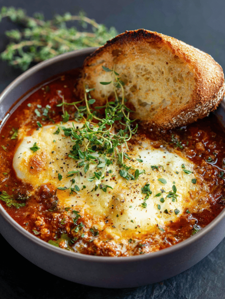 Homemade lasagna soup served with bread and herbs