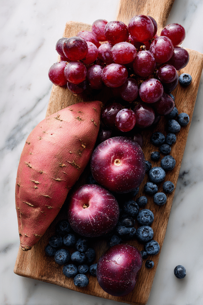 Ingredients for Purple Peel Exploit on white marble countertop