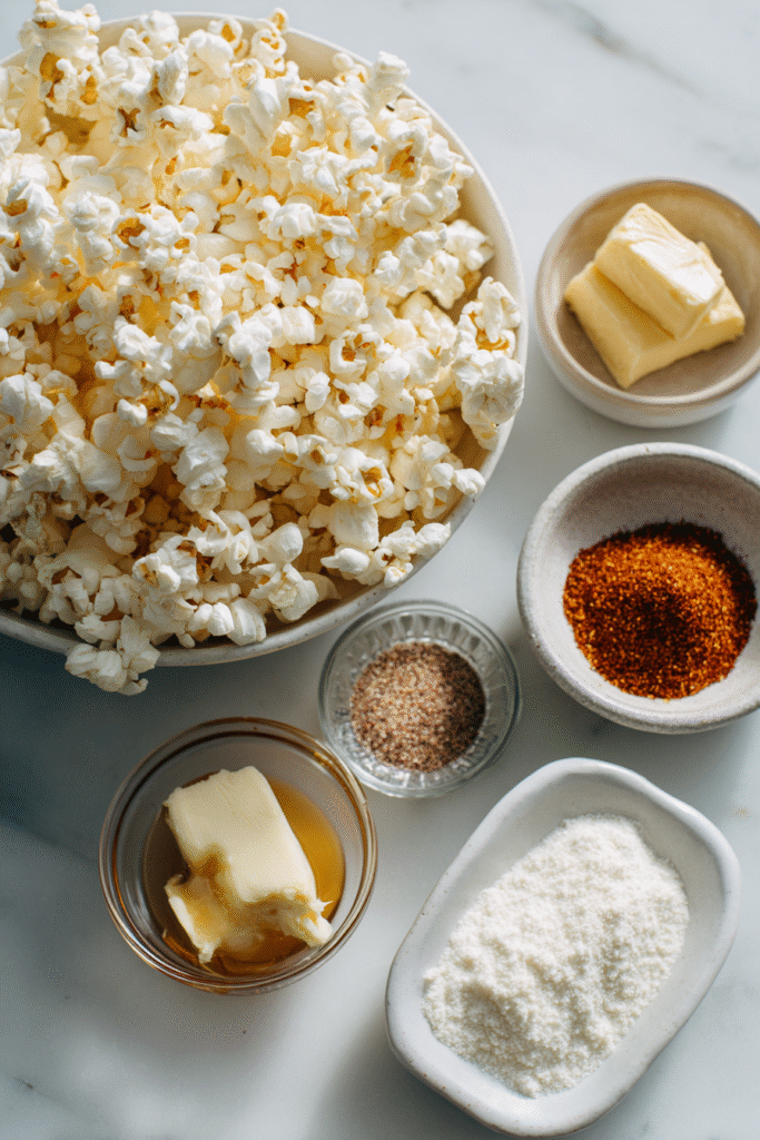 hot honey popcorn ingredients on wooden surface