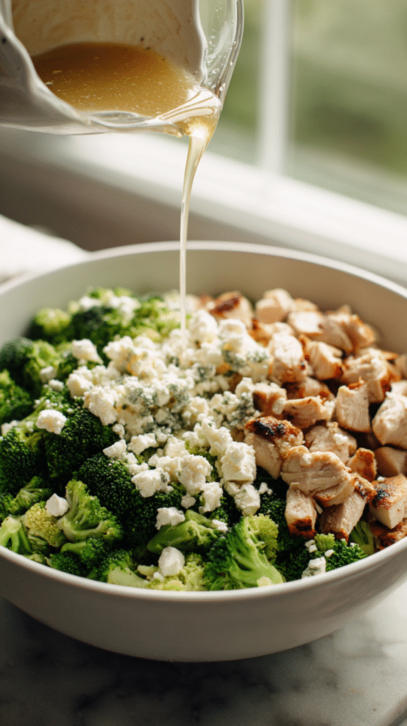 Assembling Garlicky Feta Broccoli Chicken Salad