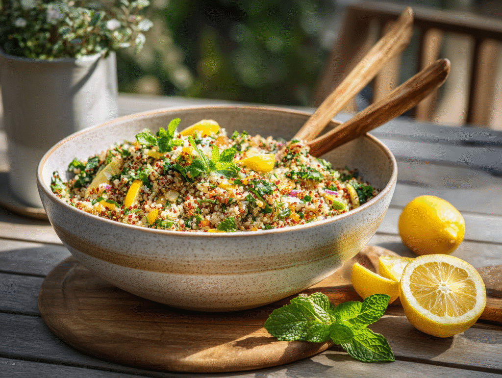 Served quinoa salad with lemon and mint